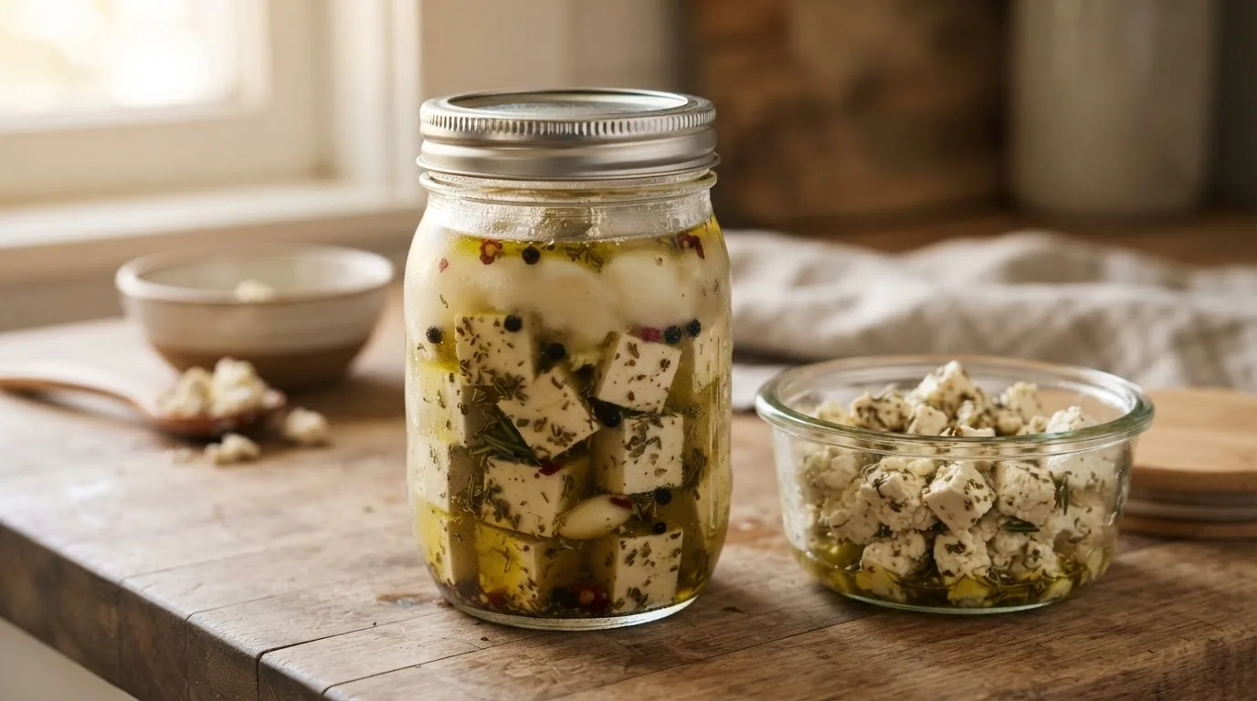 Verschlossenes Glas mit mariniertem Tofu-Feta aus dem Kühlschrank mit trübem, teilweise festem Olivenöl, daneben eine Dose mit zerbröseltem Tofu-Feta