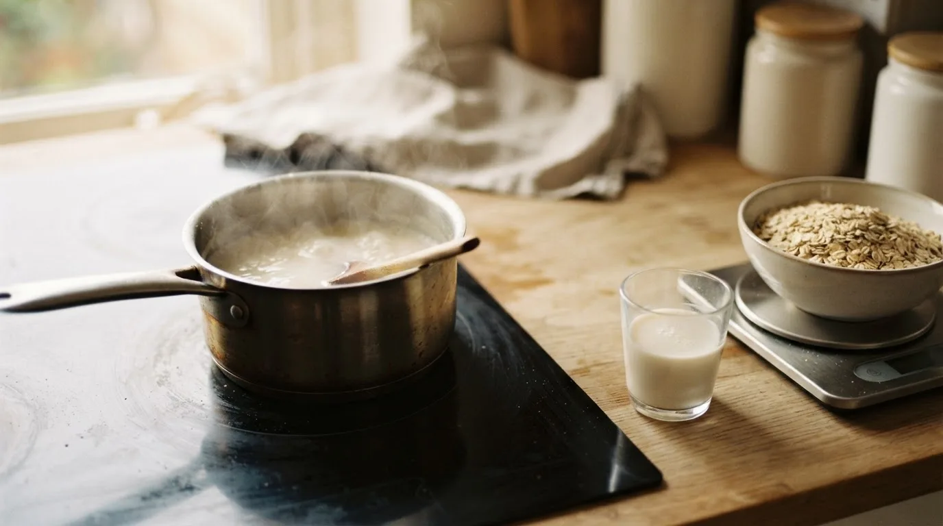 Sojadrink und Wasser dampfen in einem kleinen Edelstahltopf, daneben ein Glas mit kaltem Sojadrink und eine Schale Haferflocken auf der Waage