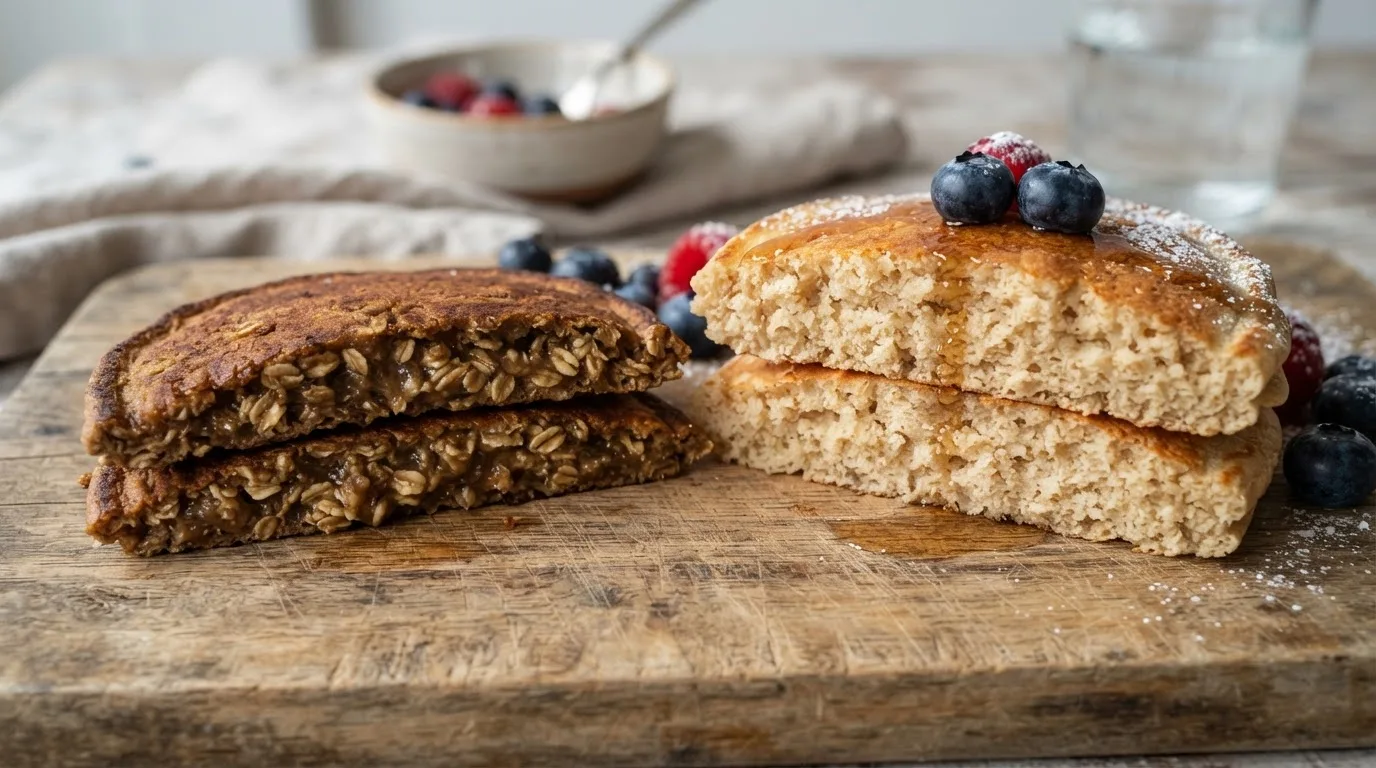 Zwei aufgeschnittene Protein-Pancakes nebeneinander: links flach und dicht mit klebriger Mitte und ganzen Haferflocken, rechts höher mit gleichmäßig fluffiger Krume