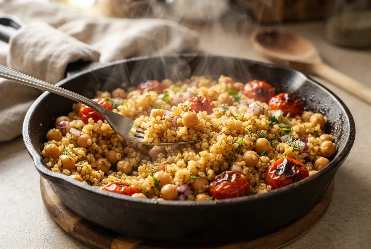 Lockerer Bulgur mit Kichererbsen und Tomaten wird nach dem Quellen mit einer Gabel aufgelockert