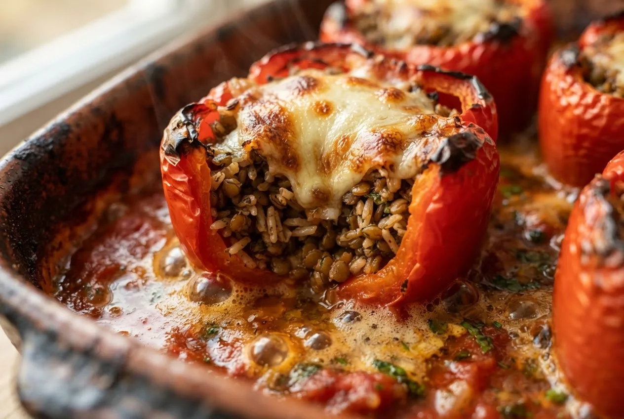 Nahaufnahme einer gebackenen gefüllten Paprika mit geschmolzenem veganem Käse und blubbernder Tomatensauce