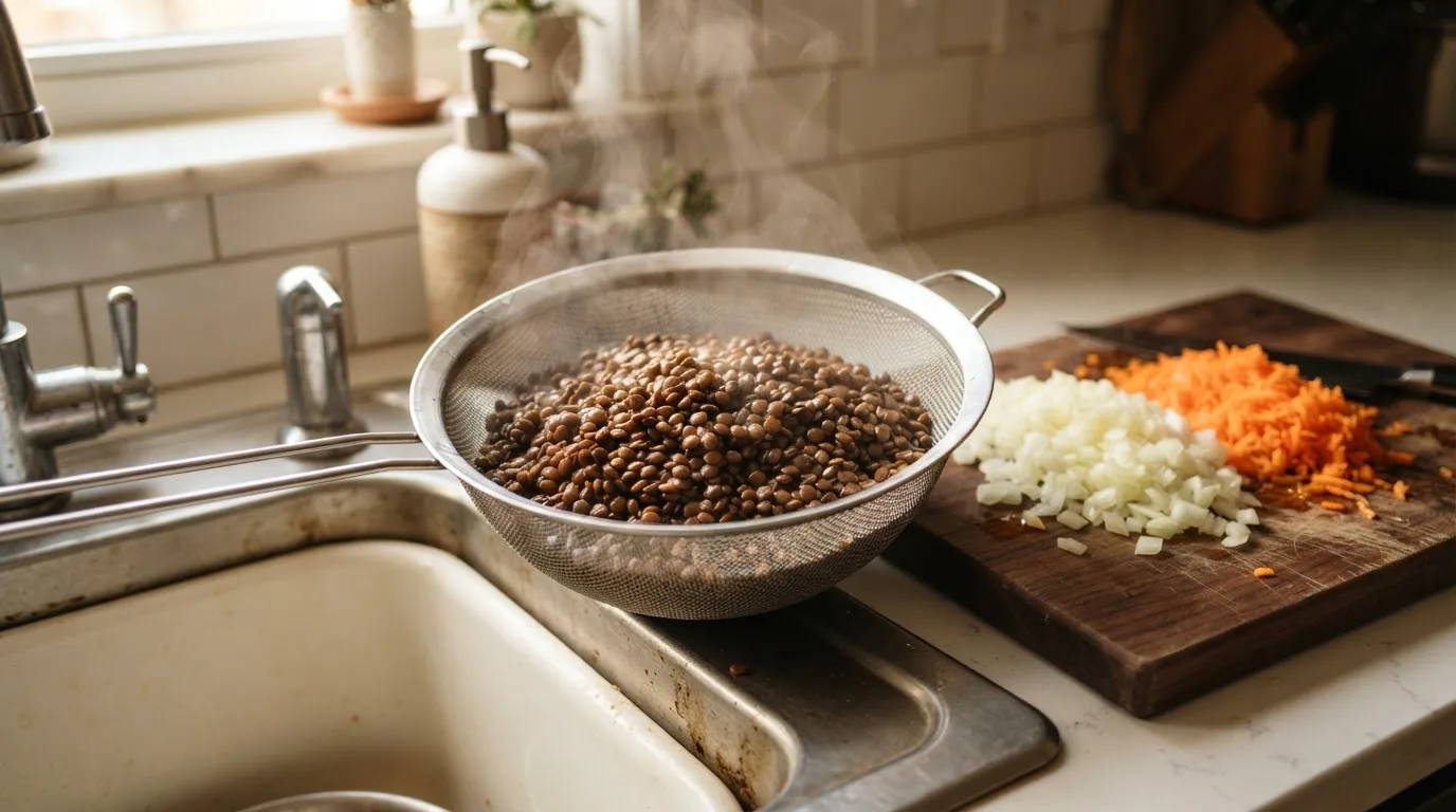 Gekochte braune Linsen dampfen in einem Sieb ab, daneben fein gewürfelte Zwiebel und geriebene Karotte