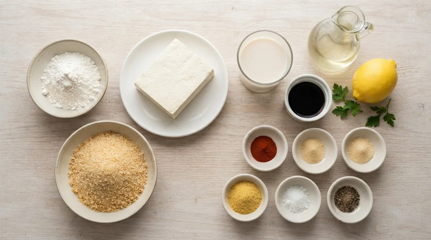 Zutaten für Tofu-Schnitzel in Keramikschälchen: Tofu, Mehl, Paniermehl, Haferdrink, Sojasauce, Gewürze, Hefeflocken und Öl