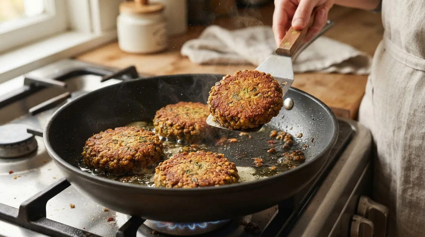 Vier Linsenbratlinge braten in einer beschichteten Pfanne, einer wird gewendet und zeigt eine gleichmäßig goldbraune Kruste
