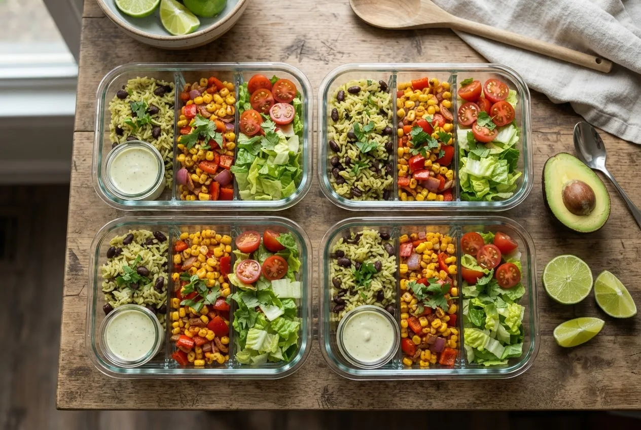 Vier Meal-Prep-Boxen mit Reis, schwarzen Bohnen, Mais, Gemüse und Salat, daneben kleine Dressing-Behälter