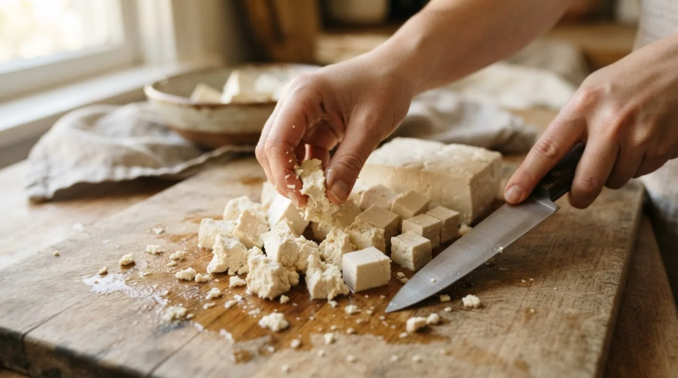 Gepresster Tofu wird in kleine, unregelmäßige Würfel geschnitten und teilweise mit den Fingern zerbröselt