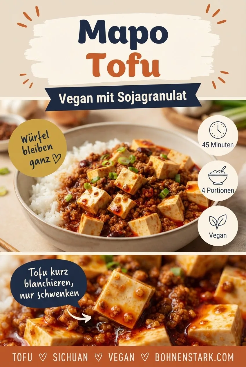 Pinterest-Pin: Veganes Mapo Tofu mit Sojagranulat, Würfel bleiben ganz, 45 Minuten, 4 Portionen, vegan