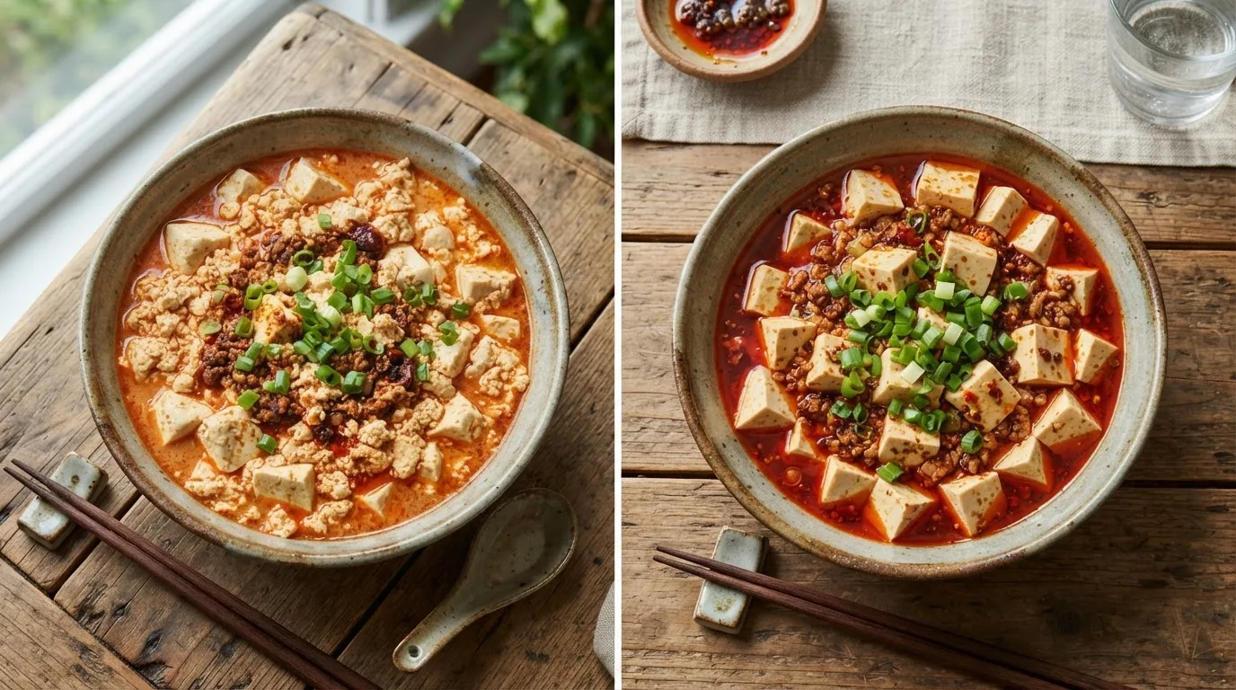 Zwei Schalen Mapo Tofu nebeneinander: links mit Seidentofu und vielen zerbrochenen, zerfransten Würfeln, rechts mit festem Tofu und ganzen Würfeln mit klaren Kanten