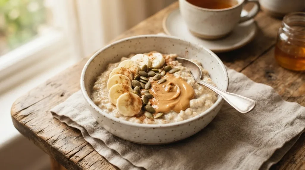 Eine Schale cremiges veganes Protein-Porridge mit Bananenscheiben, Kürbiskernen und einem Erdnussmus-Swirl