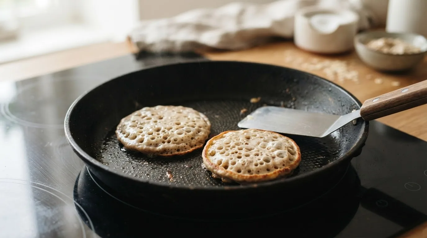 Zwei kleine Pancakes in einer Antihaftpfanne mit offenen Blasen auf der Oberfläche und fest wirkenden Rändern