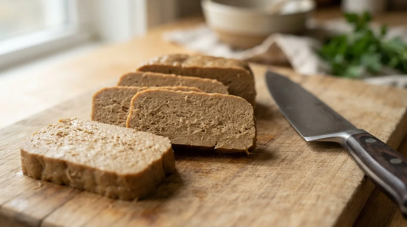 Nahaufnahme frisch geschnittener Seitan-Scheiben mit kompakter, leicht faseriger Schnittfläche