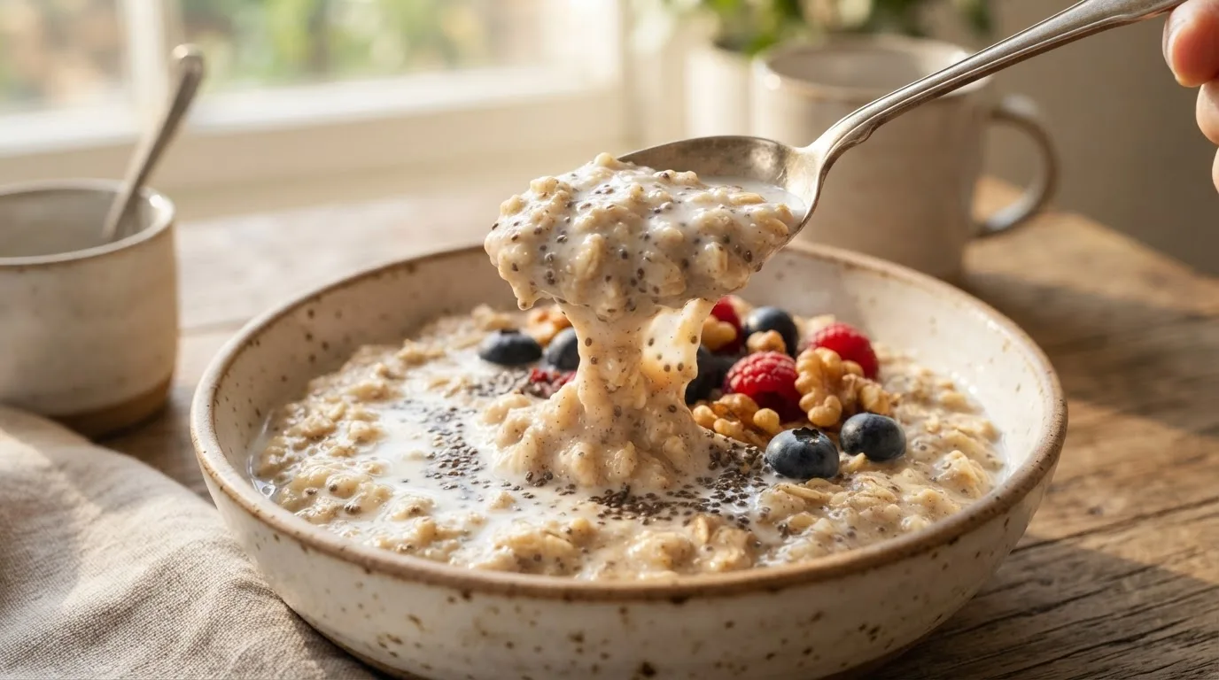 Ein Löffel hebt dickes, cremiges Porridge mit Chiasamen aus der Schale, das weich vom Löffel fällt