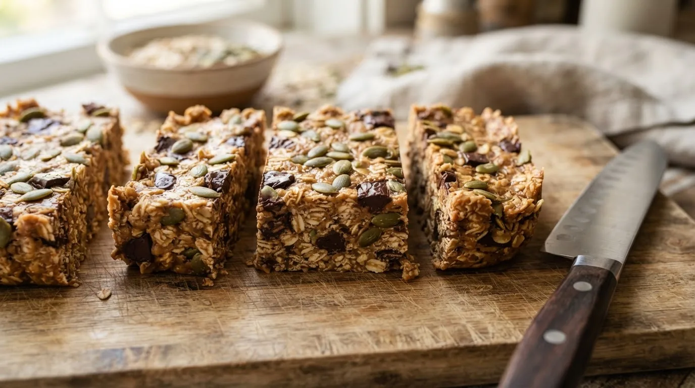 Nahaufnahme frisch geschnittener Proteinriegel mit sauberen Schnittkanten, Haferflocken, Kürbiskernen und Schokoladenstücken