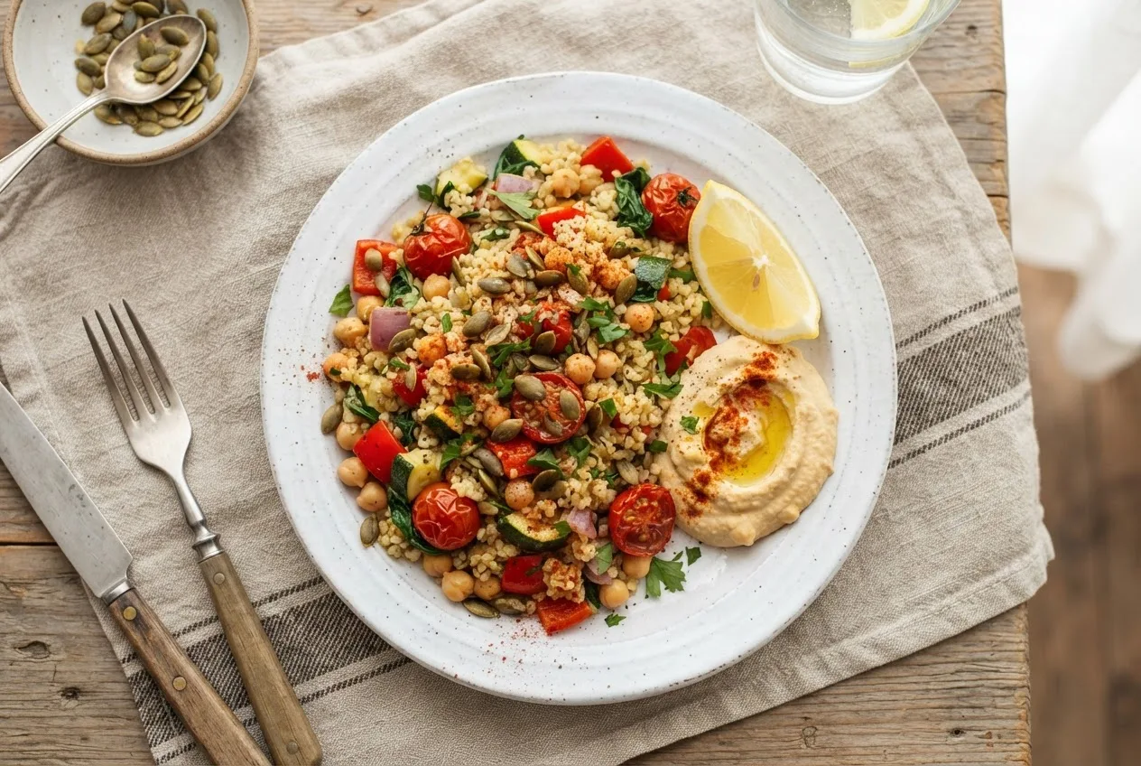 Eine Portion Bulgur-Pfanne mit Kichererbsen auf einem weißen Teller mit Kürbiskernen, Petersilie, Hummus und Zitrone
