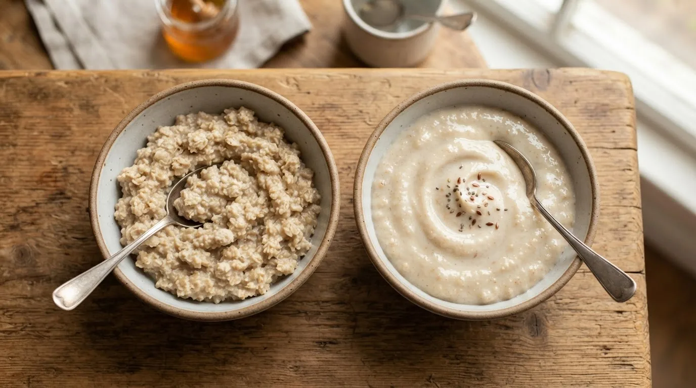 Zwei Schalen Porridge nebeneinander: links mit kleinen Proteinklümpchen und körniger Oberfläche, rechts glatt und cremig