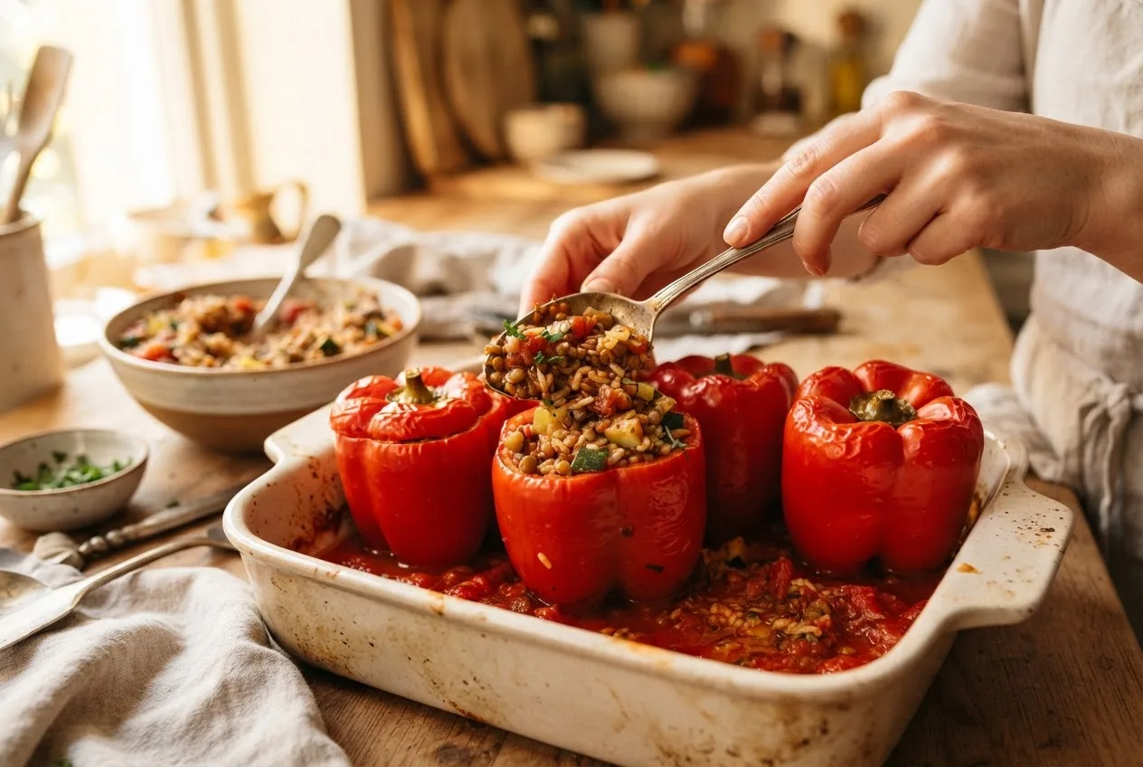 Hände füllen rote Paprika in einer Auflaufform mit Tomatensauce mit einer Füllung aus Linsen, Reis und Gemüse