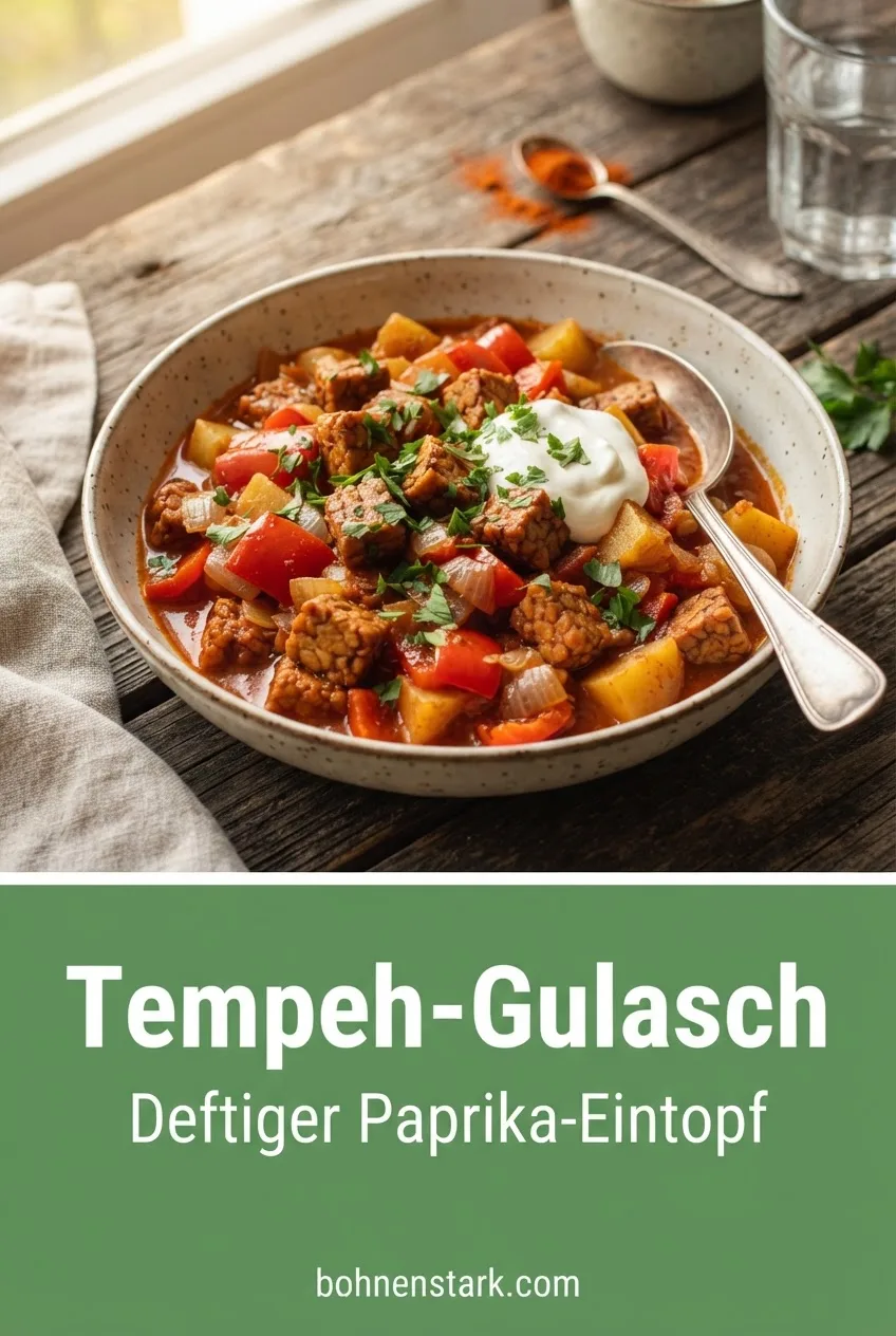 Tempeh-Gulasch: Deftiger Paprika-Eintopf mit fermentiertem Sojaprotein, Rezept auf bohnenstark.com