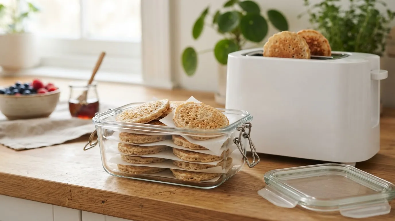 Kleine Pancakes mit Backpapier zwischen den Lagen in einer Glasdose, daneben zwei Pancakes in einem Toaster