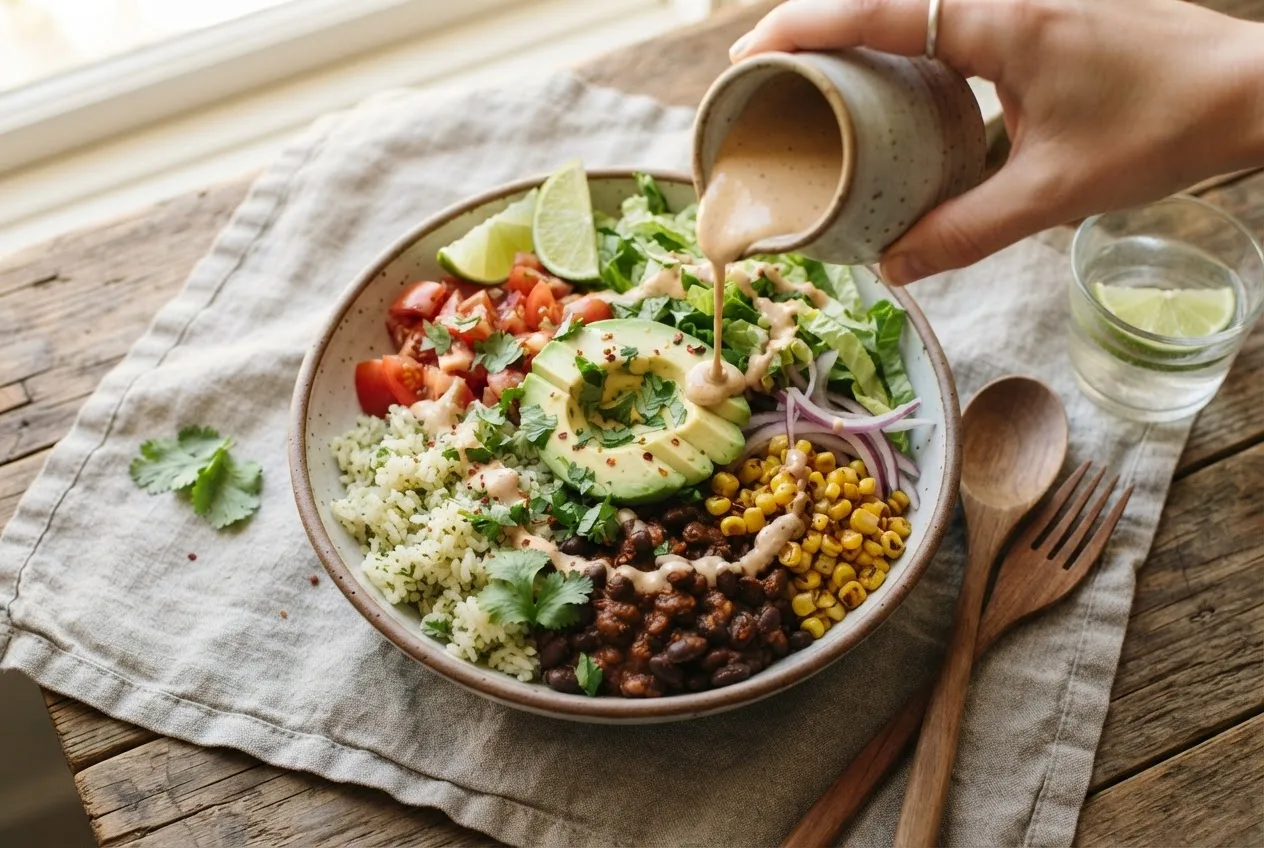 Servierte Burrito Bowl mit frischer Avocado und Dressing, das aus einem kleinen Kännchen darübergegossen wird