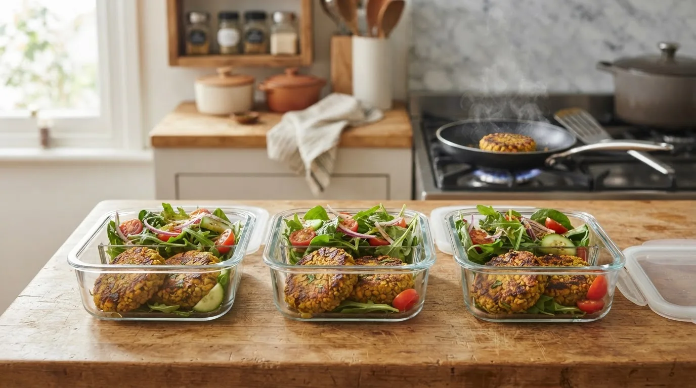 Drei Meal-Prep-Boxen mit je zwei Linsenbratlingen, Salat und Tomaten, im Hintergrund wird ein Bratling in der Pfanne aufgewärmt