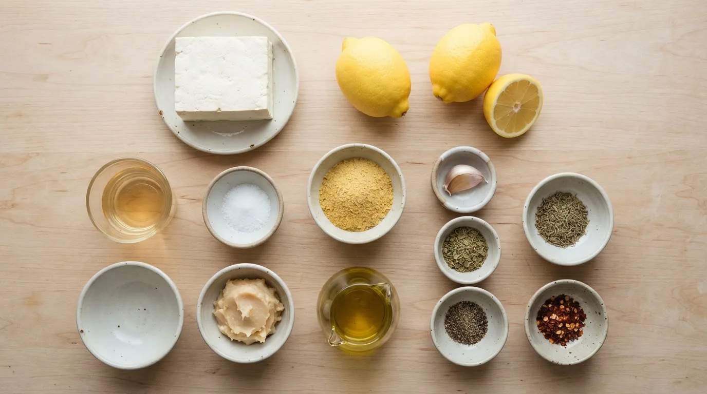 Zutaten für veganen Feta aus Tofu: ein Block Tofu, Zitronen, Apfelessig, Salz, Misopaste, Hefeflocken, Olivenöl, Knoblauch und getrocknete Kräuter in Keramikschälchen