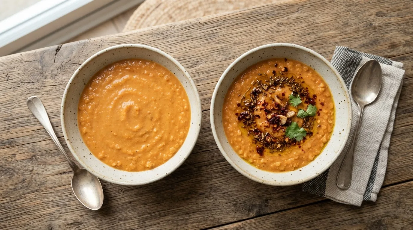 Zwei Schalen Linsen-Dal nebeneinander: links ohne Topping mit gleichmäßiger, matter Oberfläche, rechts mit glänzendem Öl, gerösteten Kreuzkümmelsamen und Chiliflocken