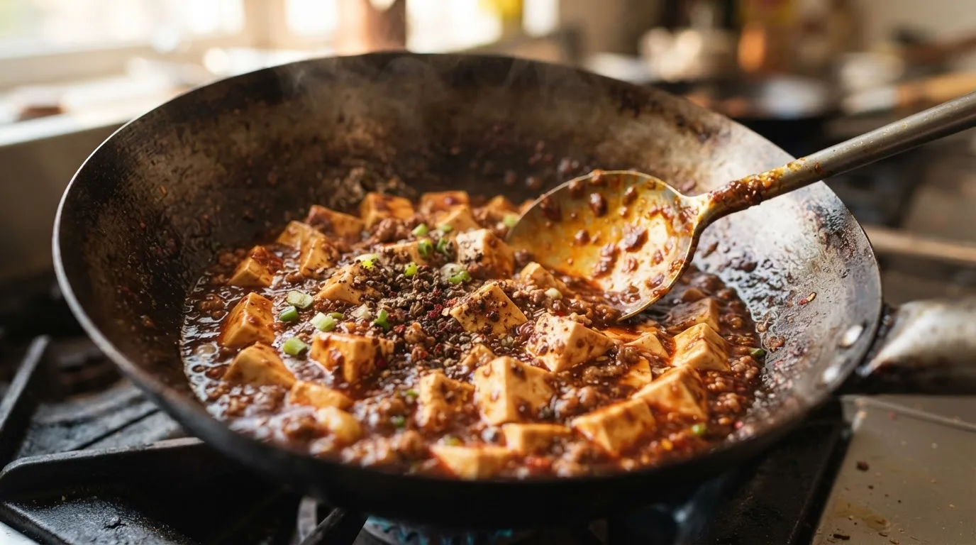 Glänzende, gebundene rote Sauce haftet an ganzen Tofuwürfeln in einem geneigten Wok, kein wässriger Rest am Boden, frisch gemahlener Sichuanpfeffer und Chiliöl obendrauf