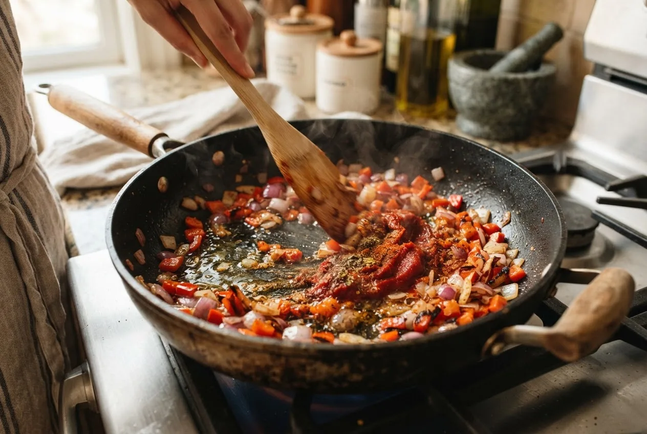 Zwiebel und Paprika werden mit Tomatenmark und Gewürzen in einer großen Pfanne angebraten