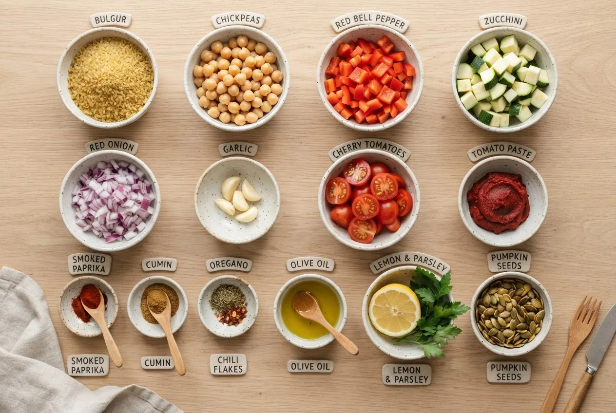 Zutaten für die vegane Bulgur-Pfanne in Keramikschalen: Bulgur, Kichererbsen, Paprika, Zucchini, Zwiebel, Kirschtomaten, Gewürze und Kürbiskerne