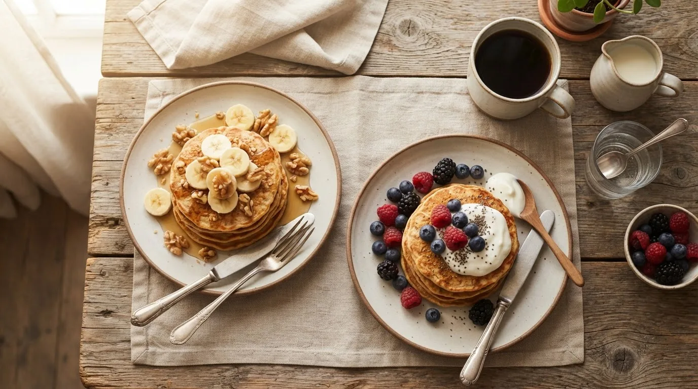 Frühstückstisch mit zwei Tellern kleiner Protein-Pancakes, einer mit Banane und Ahornsirup, einer mit Beeren und Sojajoghurt, dazu eine Tasse Kaffee