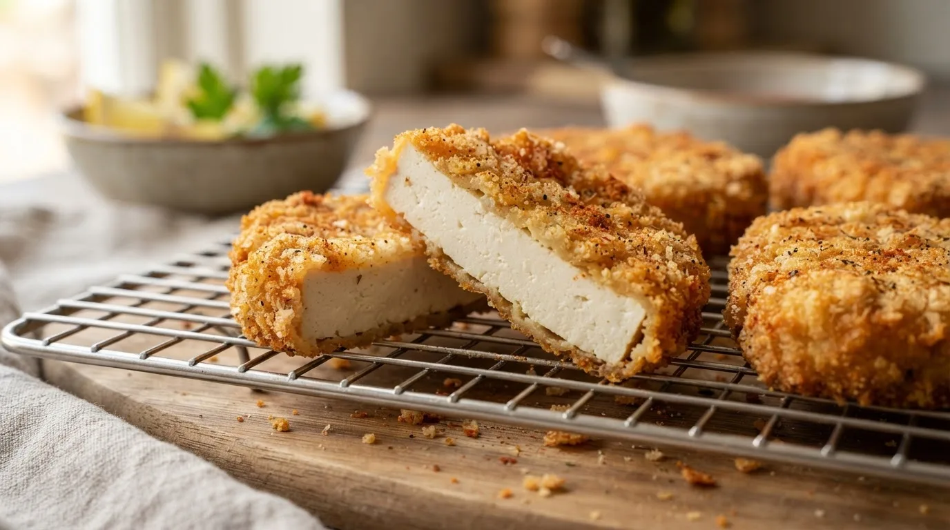 Goldbraune Tofu-Schnitzel auf einem Gitter, eines angeschnitten mit knuspriger Kruste und festem Tofukern