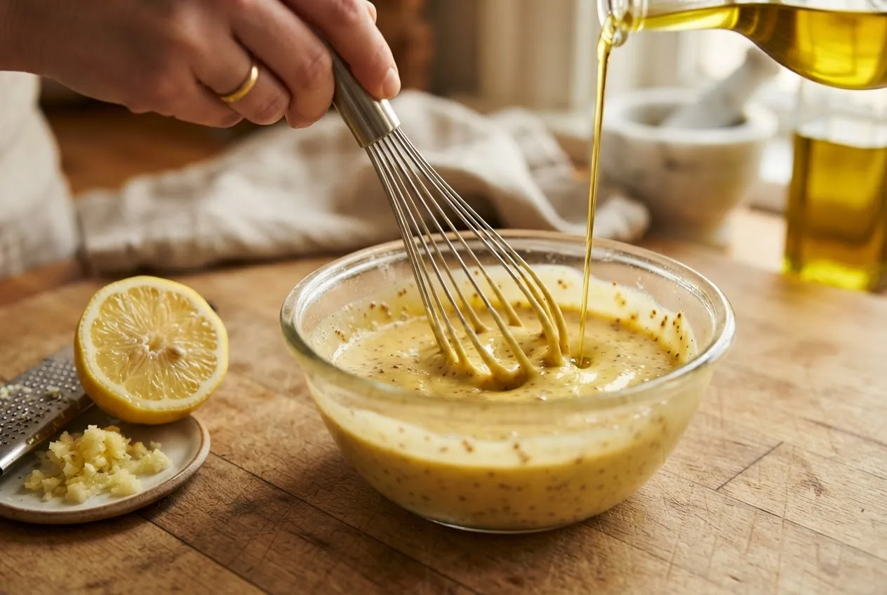 Senf-Dressing wird in einer kleinen Glasschüssel cremig aufgeschlagen