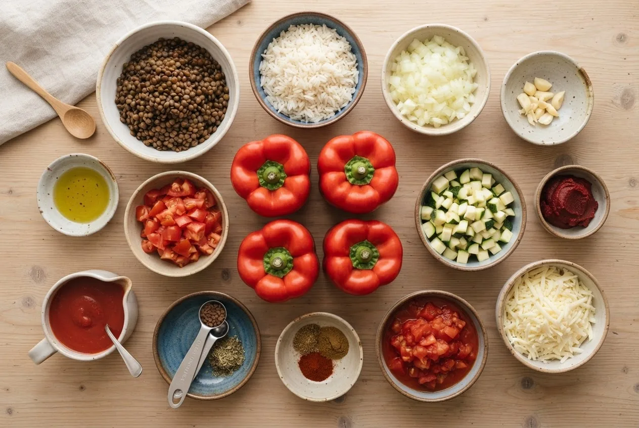 Zutaten für vegan gefüllte Paprika in kleinen Keramikschalen: rote Paprika, Linsen, Reis, Zwiebel, Knoblauch, Zucchini, Tomaten und Gewürze