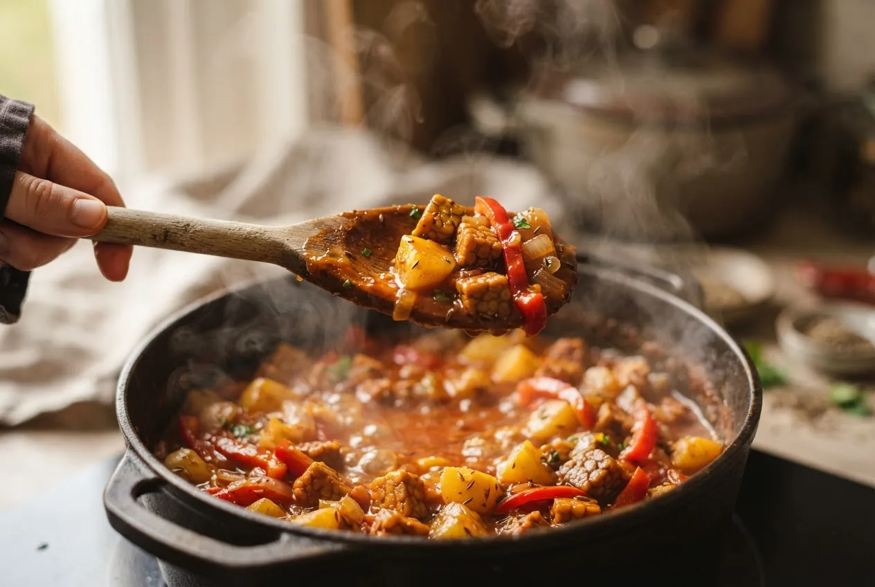 Sämige Paprika-Gulaschsauce überzieht einen Holzlöffel über dem köchelnden Topf mit Tempeh und Kartoffeln