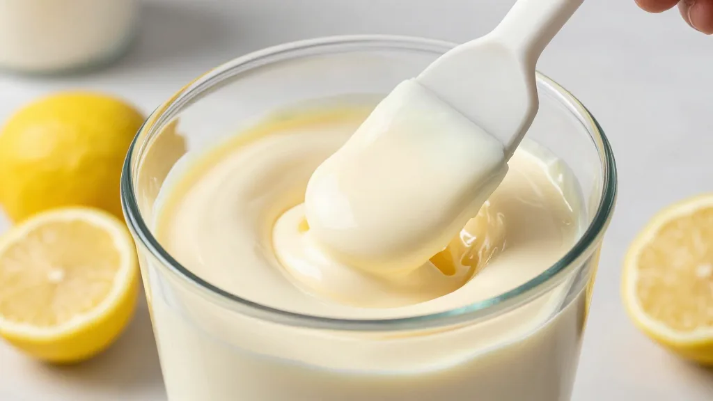 Glatte, cremige Käsekuchen-Füllung aus Seidentofu und veganem Frischkäse an einem Teigschaber