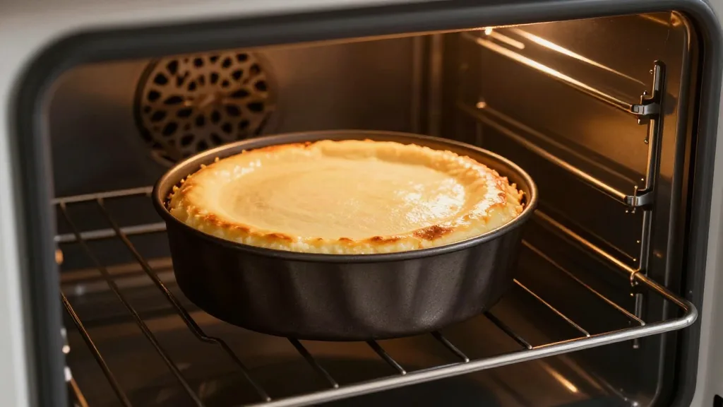 Gebackener veganer Käsekuchen in der Form im Ofen, zum langsamen Abkühlen