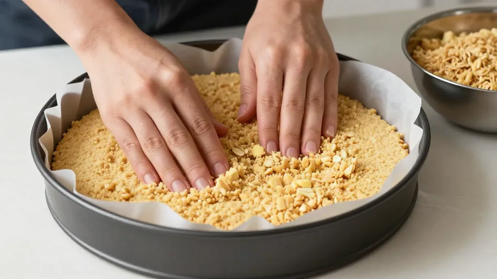 Hände drücken den Keksboden für den veganen Käsekuchen in eine mit Backpapier ausgelegte Form