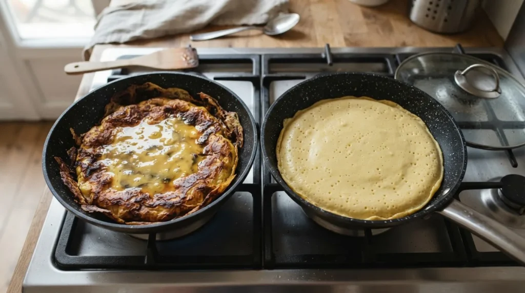 Zwei Kichererbsen-Omeletts in der Pfanne: ohne Deckel mit nasser Mitte, mit Deckel gleichmäßig gestockt
