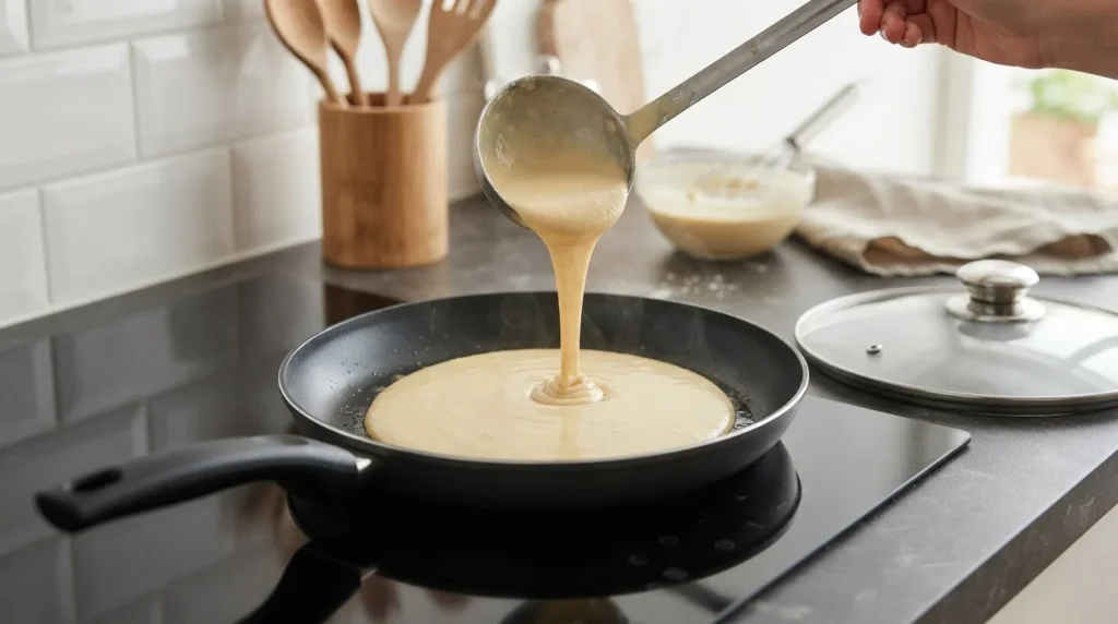 Teig aus Kichererbsenmehl wird in eine beschichtete Pfanne gegossen, daneben liegt der Deckel bereit