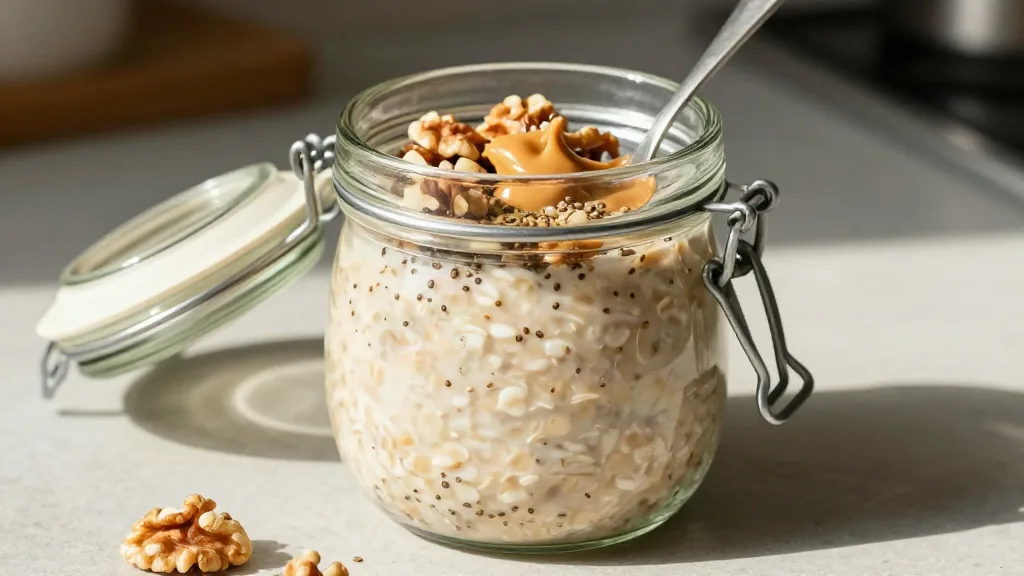 Protein-Overnight-Oats im Bügelglas mit Walnüssen, Hanfsamen und Mandelmus