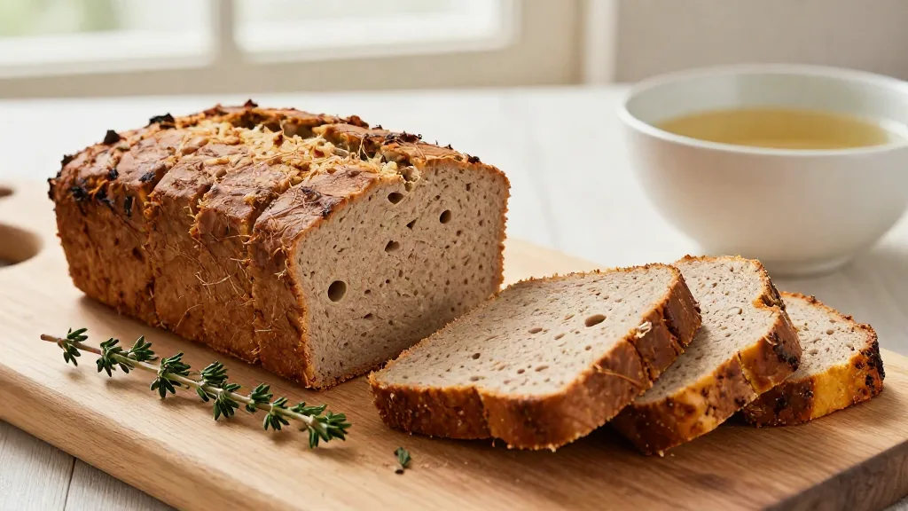 Selbst gemachter Seitan als Laib auf einem Holzbrett, teilweise in Scheiben geschnitten, daneben Thymian und Brühe