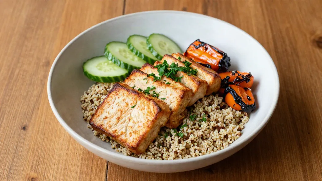Angebratene Seitan-Scheiben in einer Bowl mit Quinoa, Gurke und gerösteter Paprika