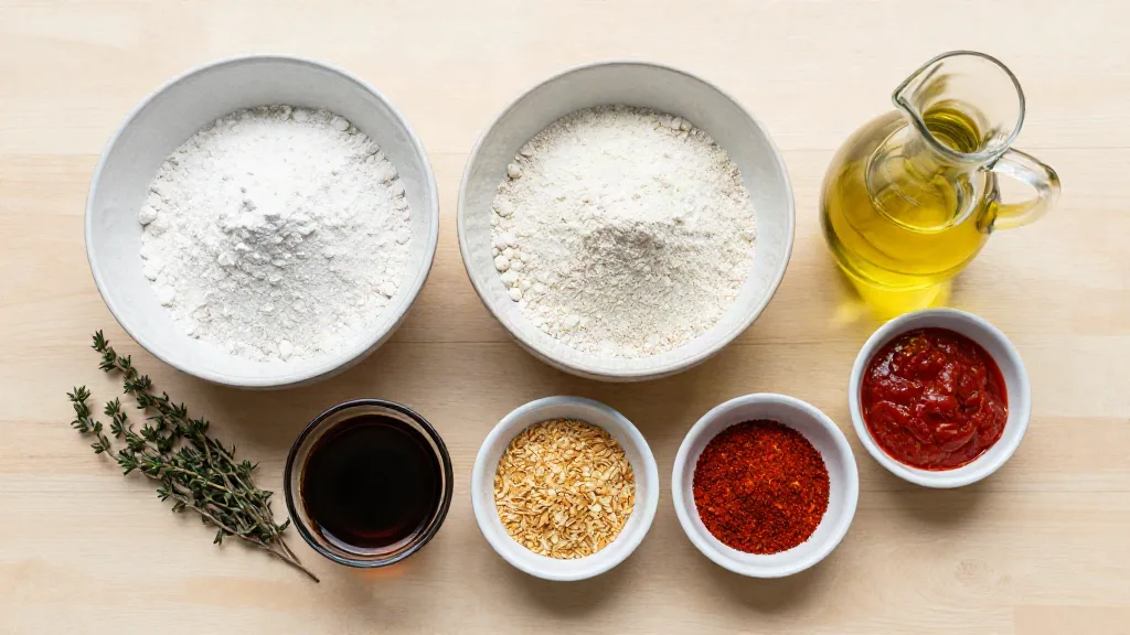 Zutaten für Seitan in Schalen: Weizengluten, Kichererbsenmehl, Hefeflocken, Paprika, Sojasauce, Tomatenmark, Öl