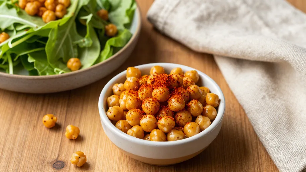 Knusprige Kichererbsen als Snack in einer Schale und als Topping auf einem grünen Salat