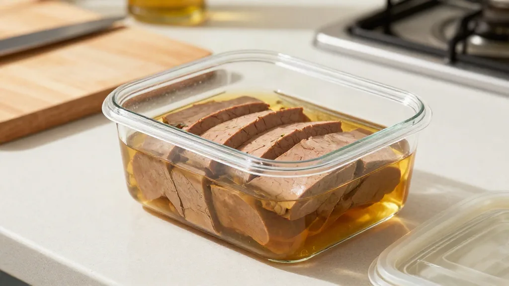 Seitan-Scheiben in Brühe in einer Glasdose mit Deckel zum Aufbewahren im Kühlschrank