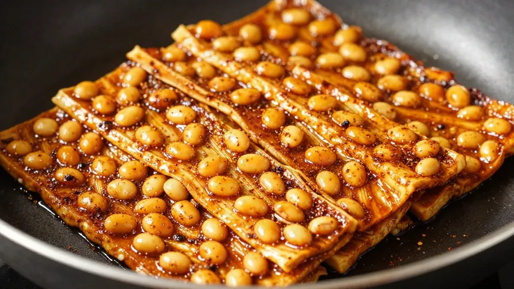 Dünne Tempeh-Scheiben mit rauchiger Marinade knusprig in der Pfanne gebraten