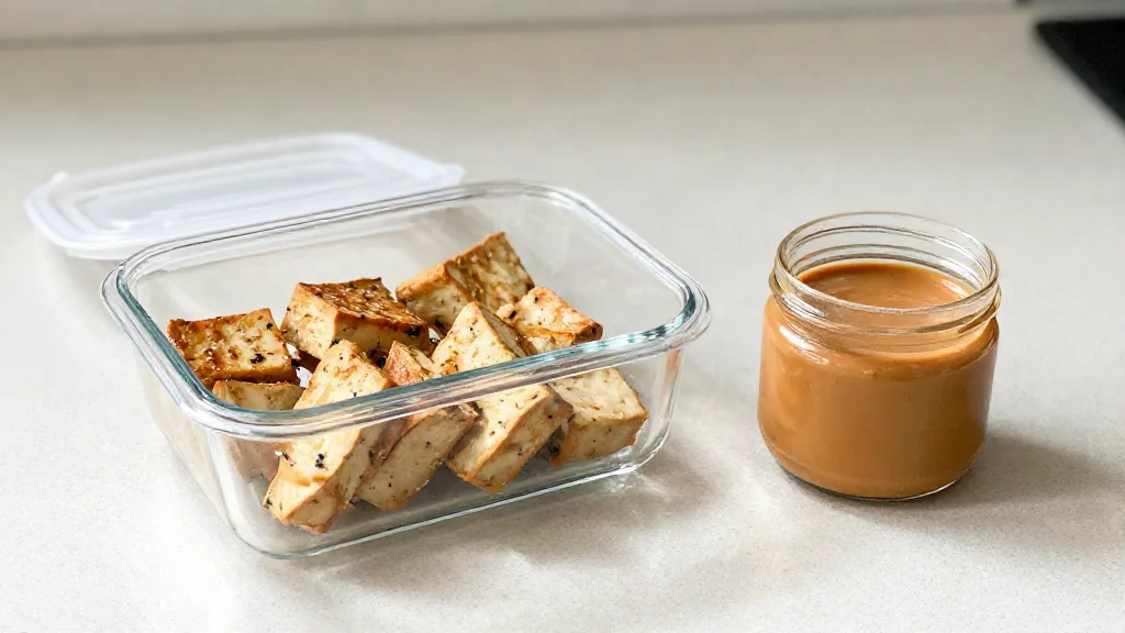 Übrige Tofu-Spieße und Erdnusssauce getrennt in Behältern mit Deckel für den Kühlschrank