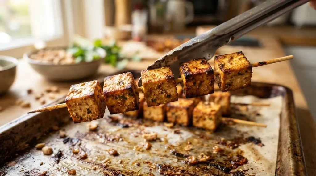 Nahaufnahme gebackener Tofu-Satay mit goldenen Kanten und dunkleren, nicht verbrannten Röstecken