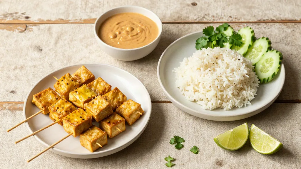 Tofu-Satay-Spieße serviert mit Reis, Gurke und Erdnusssauce zum Dippen