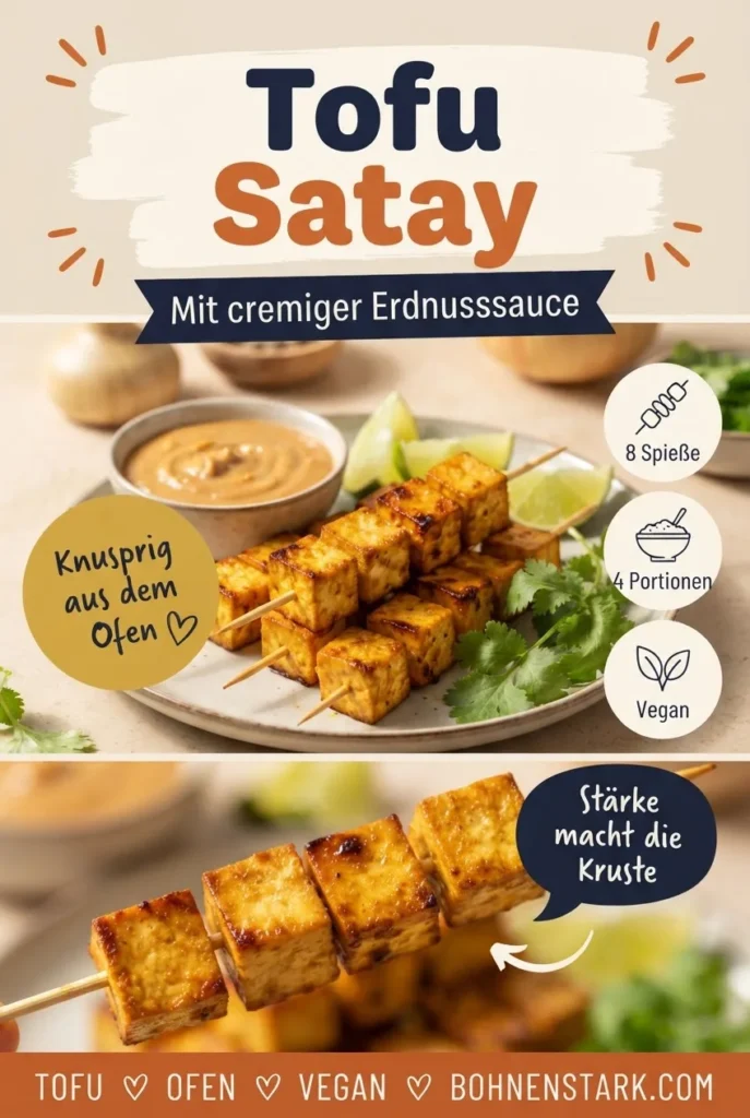 Pinterest-Pin: Tofu-Satay-Spieße aus dem Ofen mit cremiger Erdnusssauce, 8 Spieße, 4 Portionen, vegan